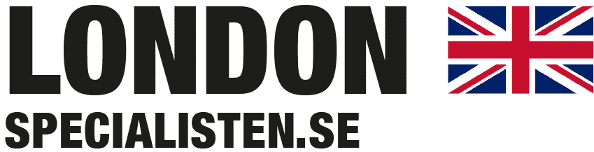 Londonspecialistens logotyp med svart, fetstilad text och Londonflaggan